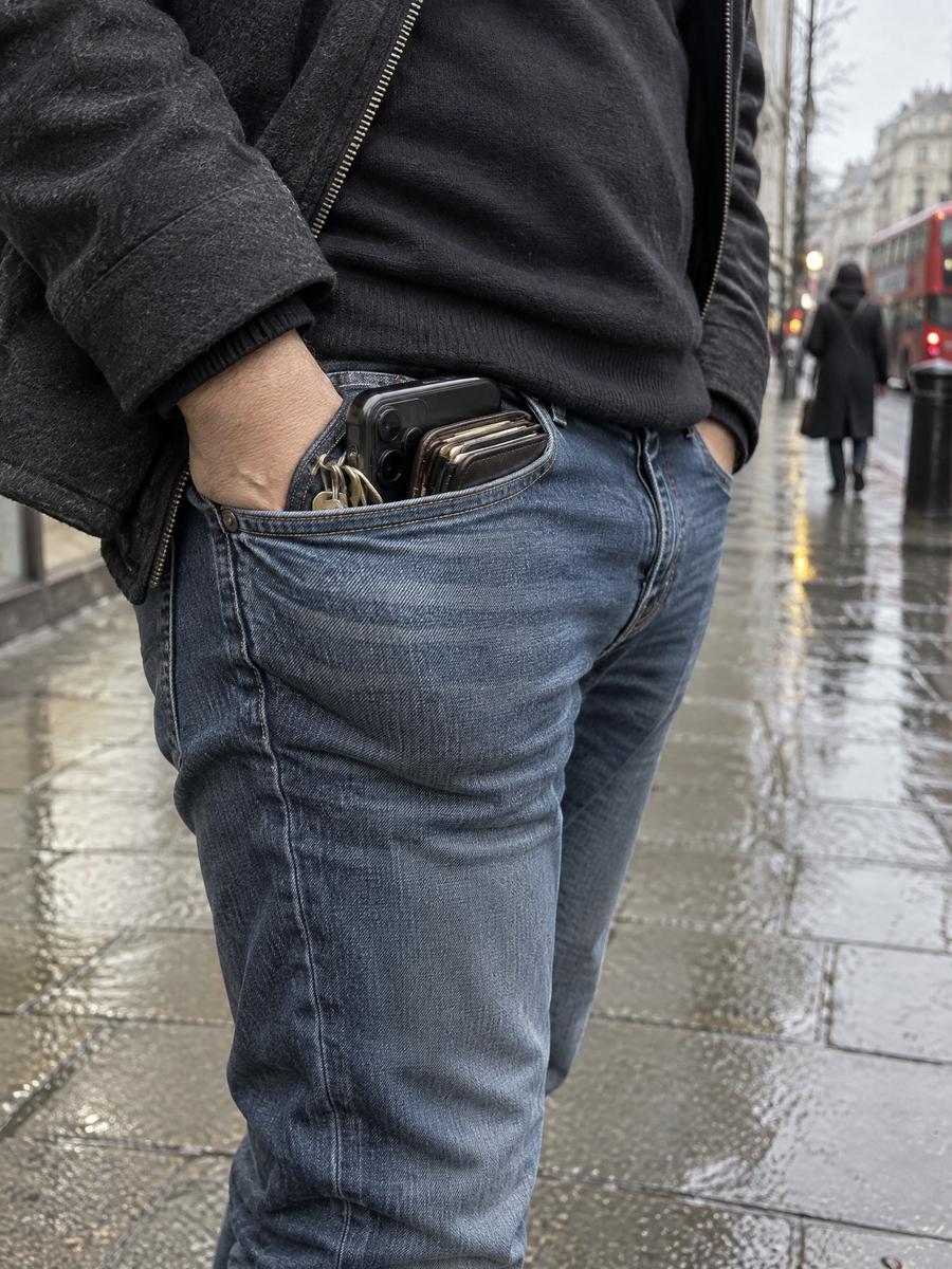 Before: a jeans pocket bulging with phone, keys and wallet