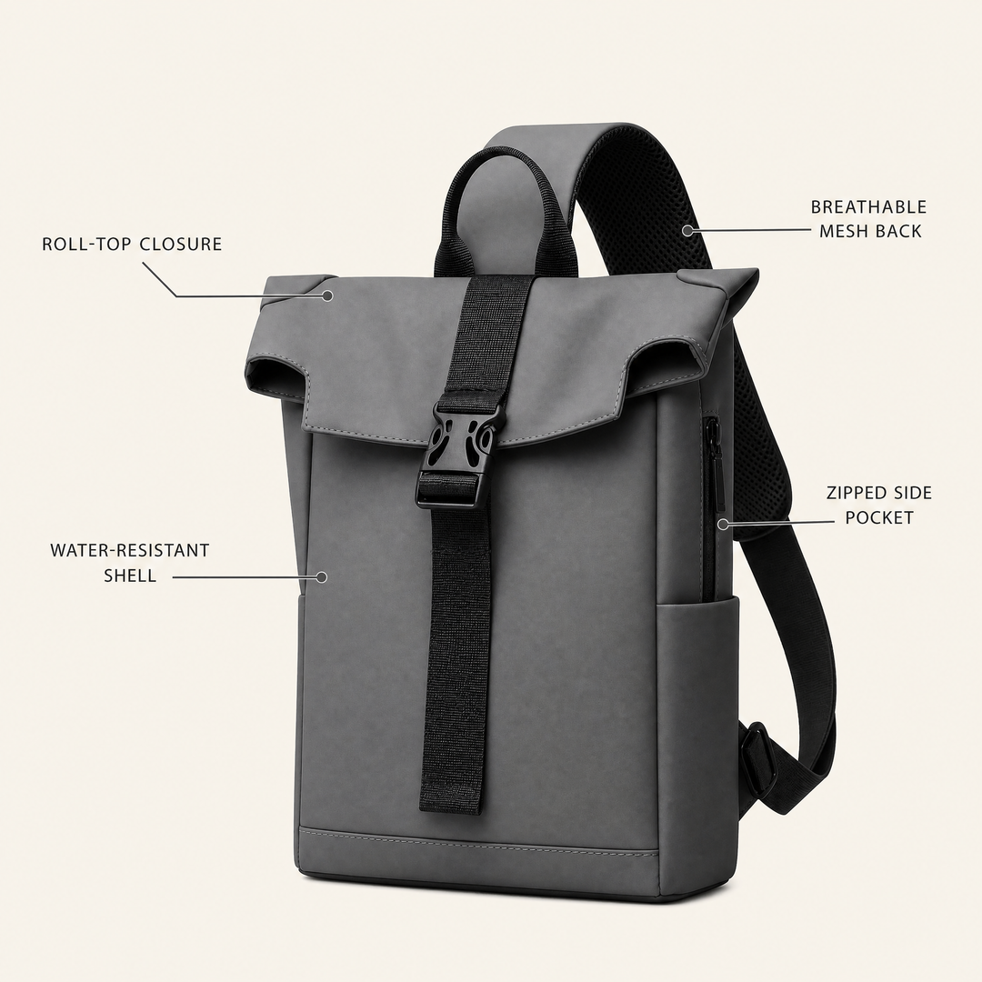 FURL Sling feature callouts: roll-top closure, water-resistant shell, breathable mesh back, zipped side pocket