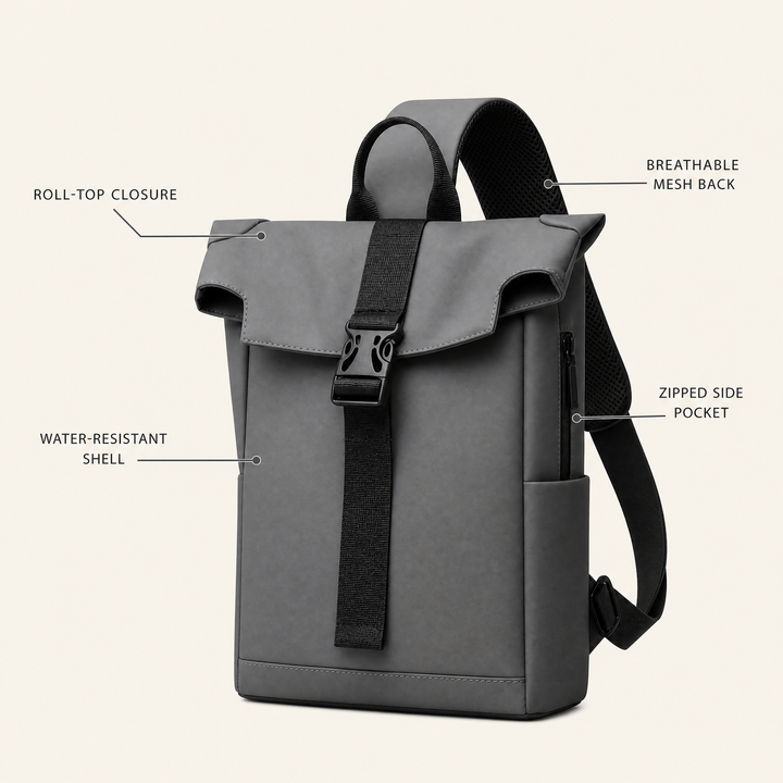 FURL Sling feature callouts: roll-top closure, water-resistant shell, breathable mesh back, zipped side pocket