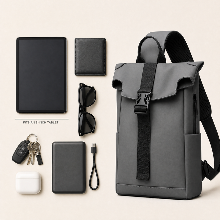What fits inside the FURL Sling: 8-inch tablet, wallet, sunglasses, keys, power bank and earbuds