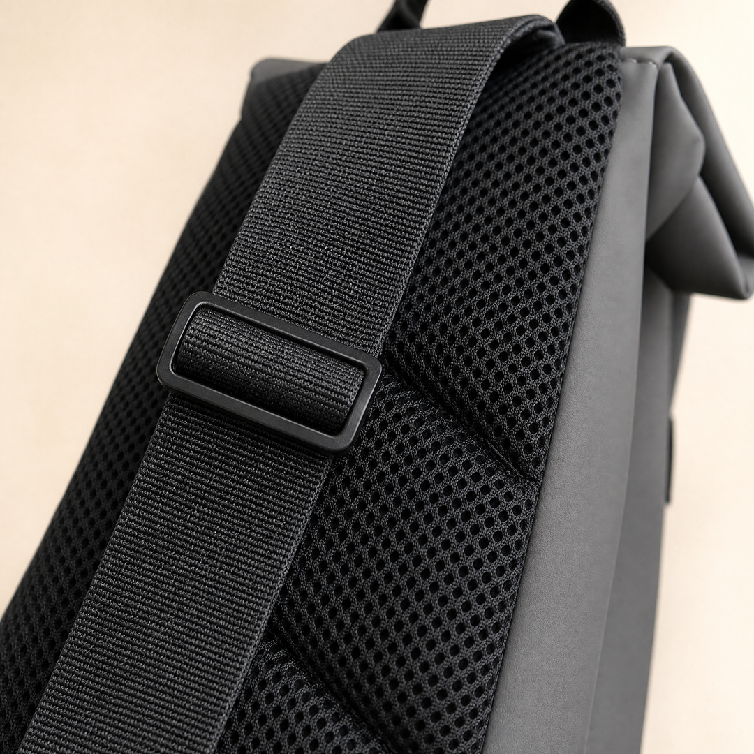 Breathable mesh back panel and adjustable webbing strap detail