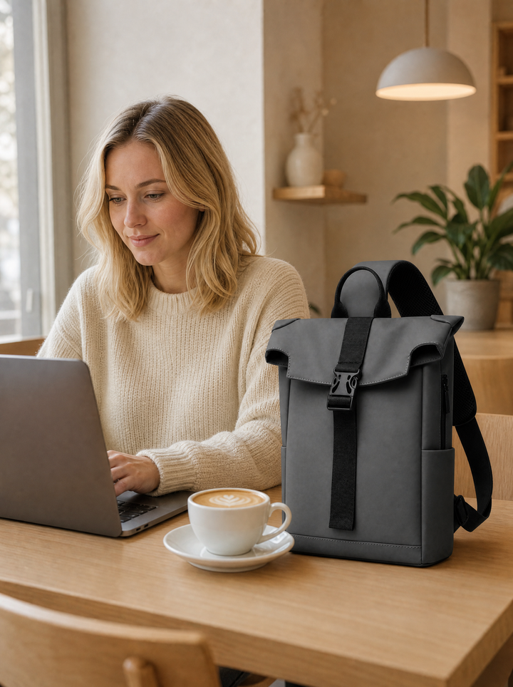 FURL Sling on a cafe table beside a laptop