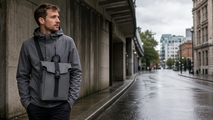 FURL Sling worn across the chest on a wet city street