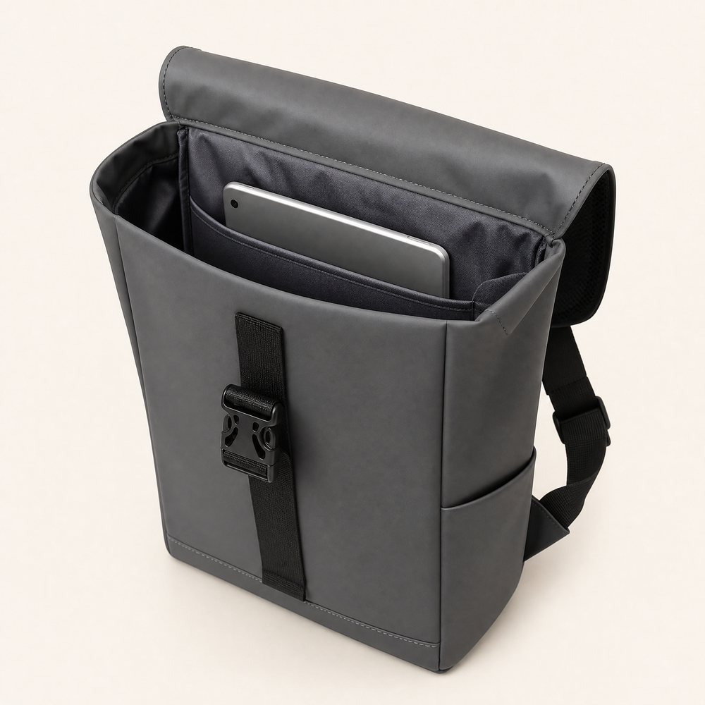 FURL Sling roll-top collar unrolled showing the lined interior and tablet sleeve