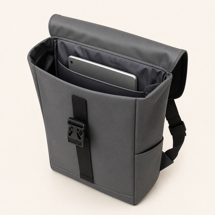 FURL Sling roll-top collar unrolled showing the lined interior and tablet sleeve