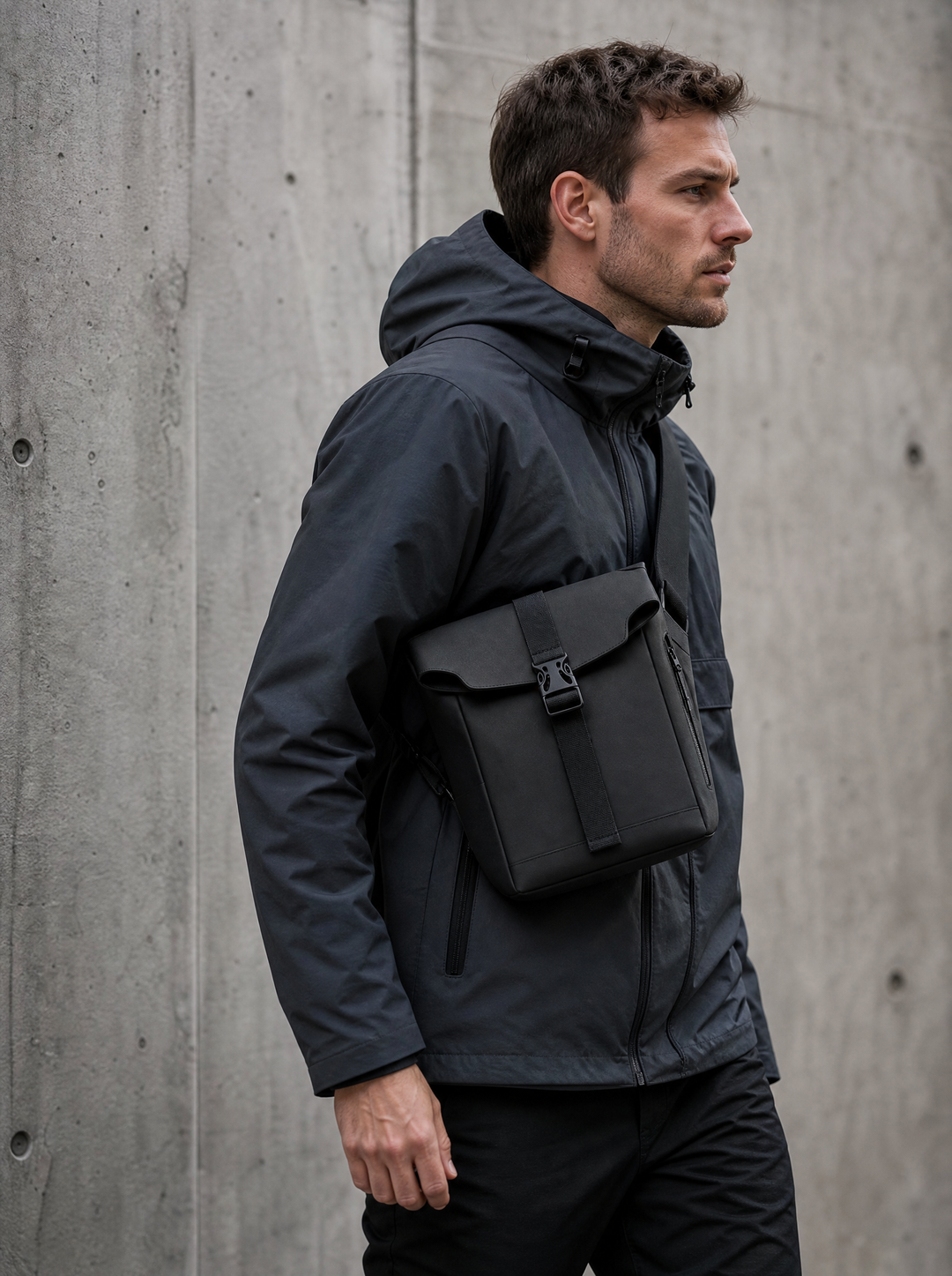 FURL Sling in Black worn on a city street
