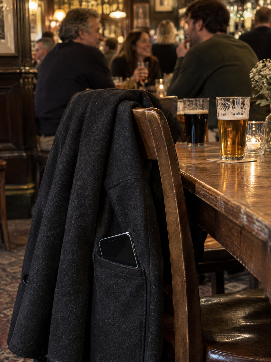 Before: a jacket left on a pub chair with a phone in the open pocket