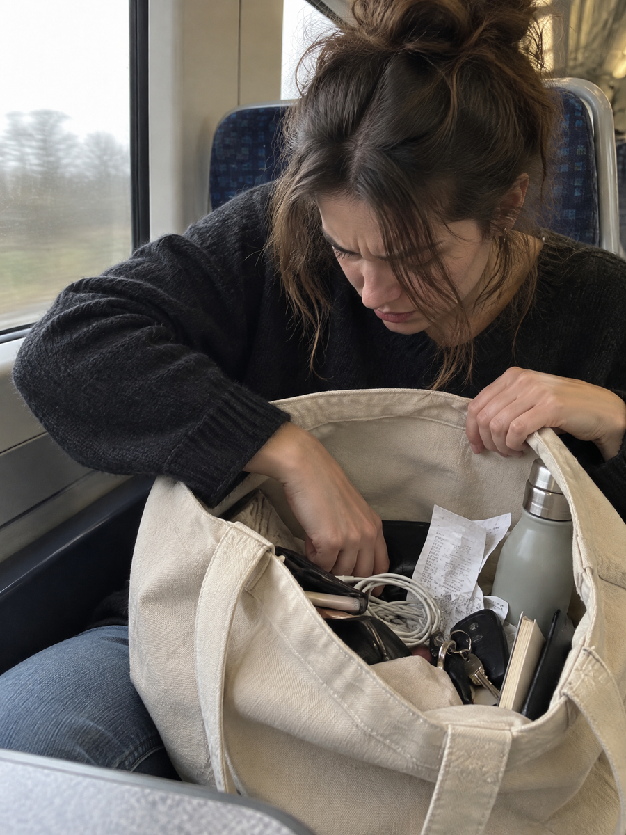 Before: digging through an oversized tote bag on a train