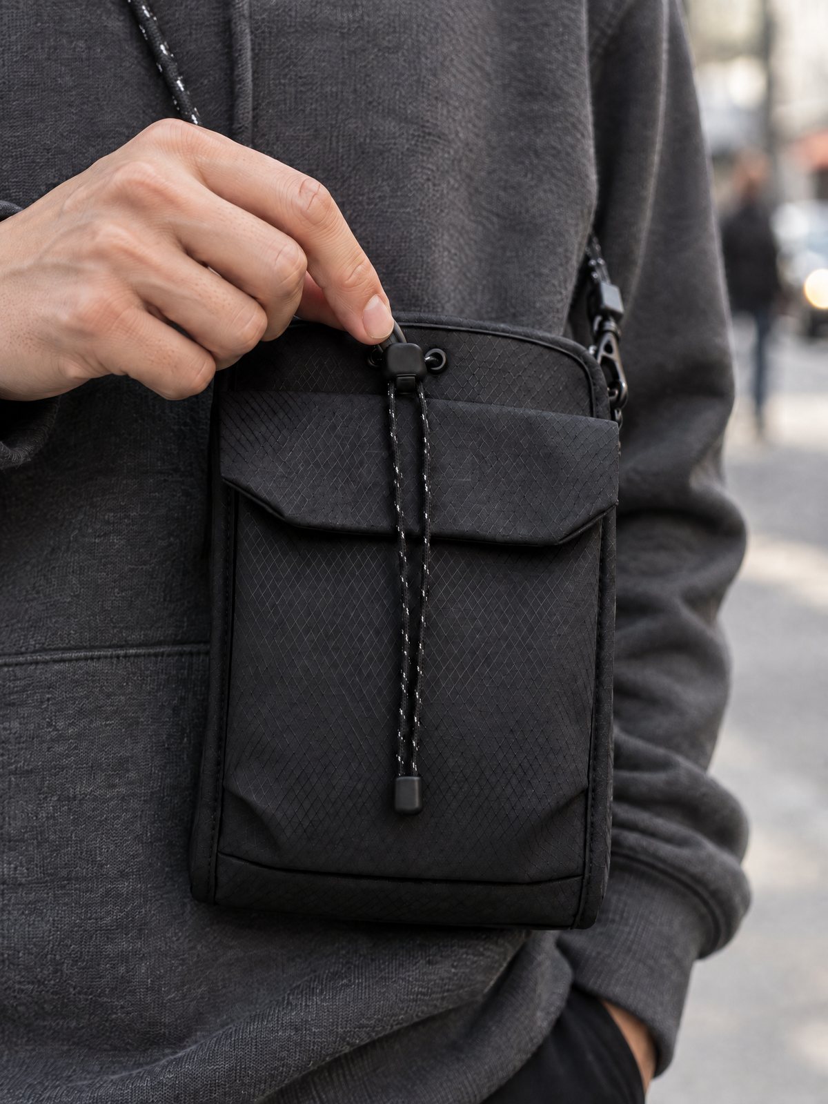 Organizer crossbody bag in Black — pinching the cord lock to open the flap pocket