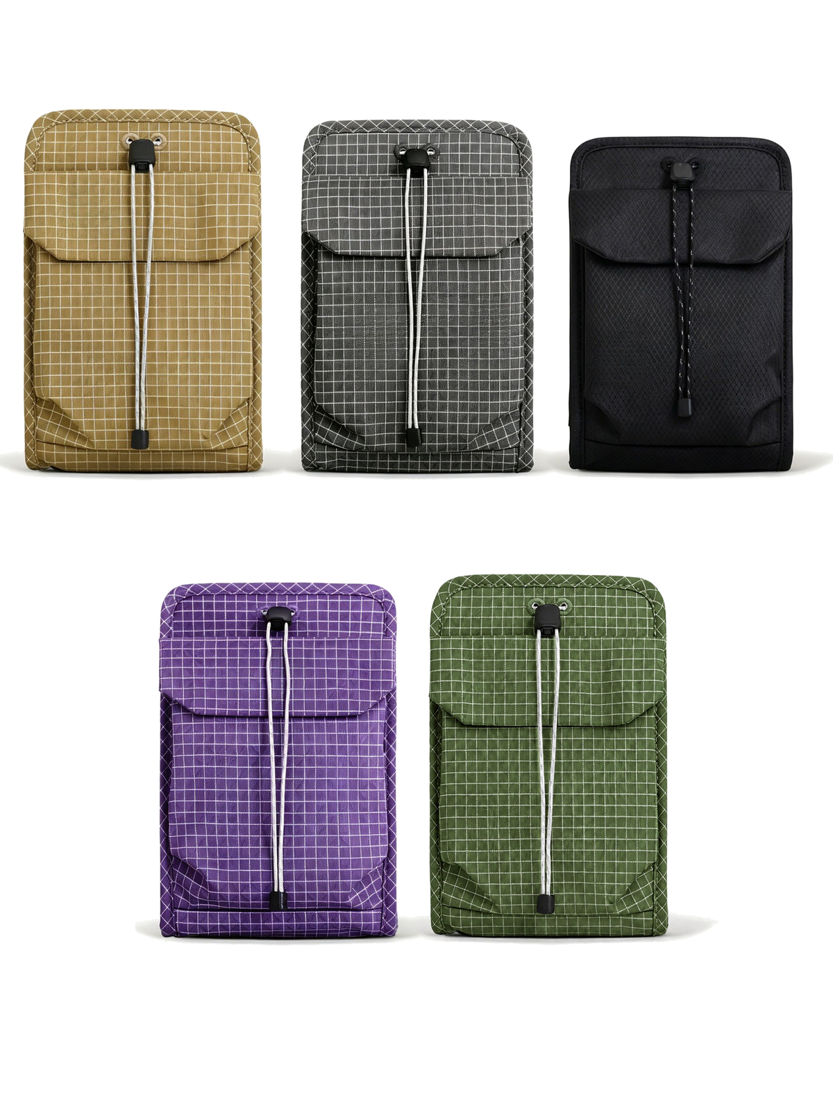 Organizer crossbody bag colourways: Tan, Graphite Grey, Black, Electric Purple and Pine Green