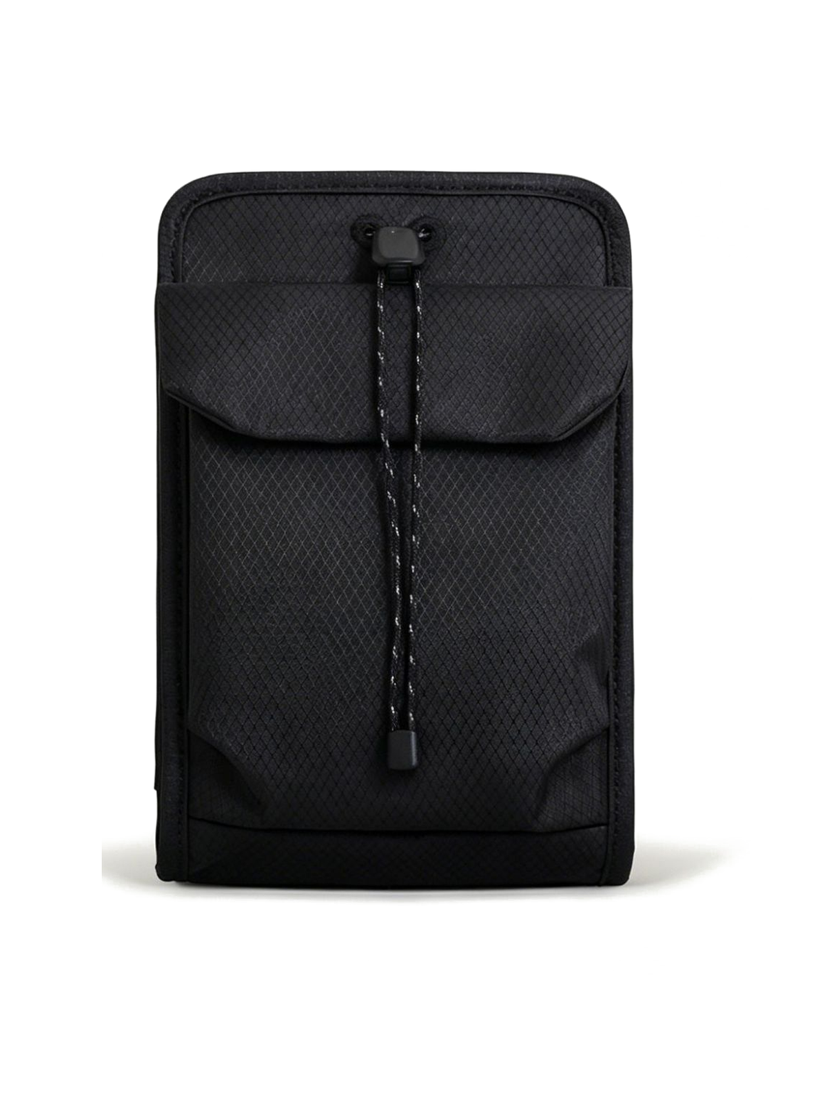 Organizer crossbody bag in Black — front view with the shock-cord flap pocket