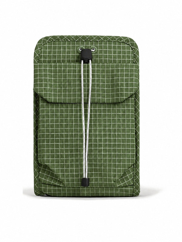 Organizer crossbody bag in Pine Green, front view with the shock-cord flap pocket